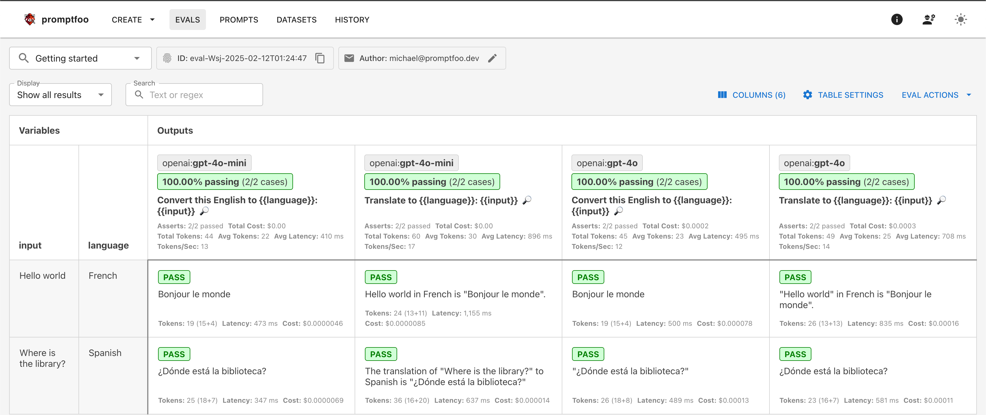 Promptfoo Web UI showing evaluation results