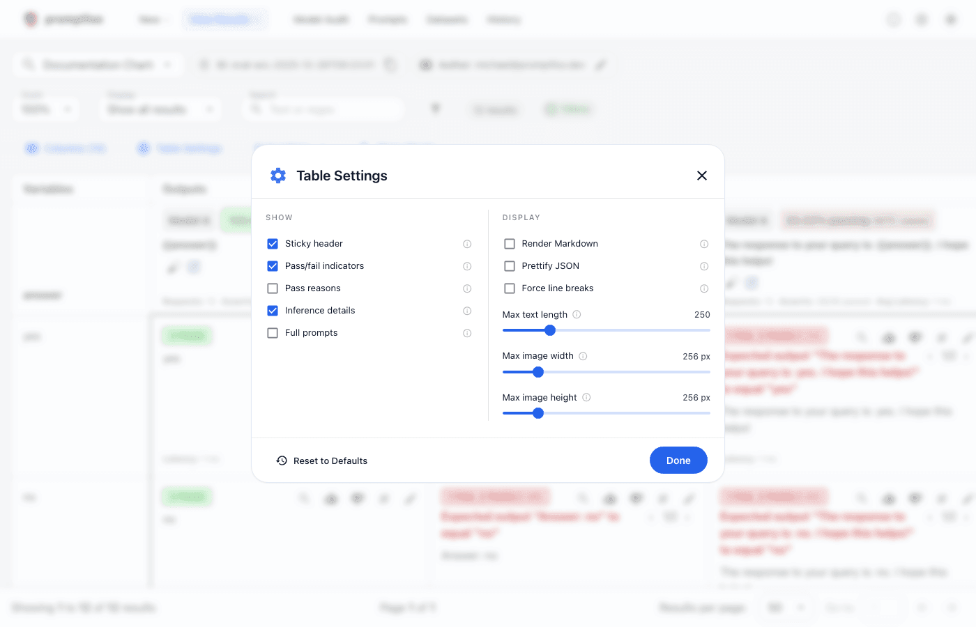 Table Settings dialog
